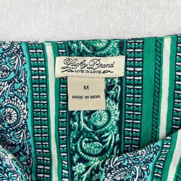 LUCKY BRAND Blouse M Paisley Chevron Peasant Boho 3/4 Sleeve Notch Cotton Green - Picture 4 of 15